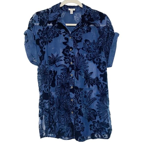 Women's Ecote Anora Floral Short Rollup Sleeve Burnout Velvet Button Down Top S - Picture 2 of 11